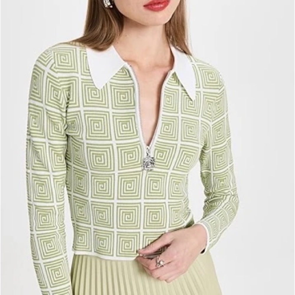 STAUD Green and White Fitted Polo Blouse